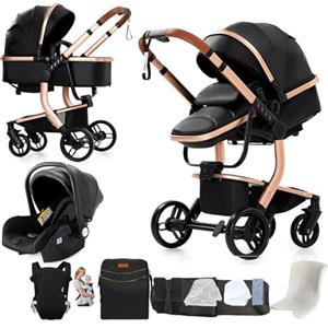 Magic ZC Pelle PU Passeggino Trio, Passeggino 3 in 1 con Doppia Modalità Push Reversibile, Trio Passeggini Neonati con Grande Navicella, Carrozzina Neonati in Alluminio Pieghevole (L518 Black)