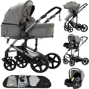 Doraystar Passeggino 3 in 1, Passeggino Trio con Due Modalità di Spinta Reversibile, Trio Passeggino Neonati con Design Pieghevole in Un Clic, Trio Neonato con Grande Nacelle Comoda (588 Grey)