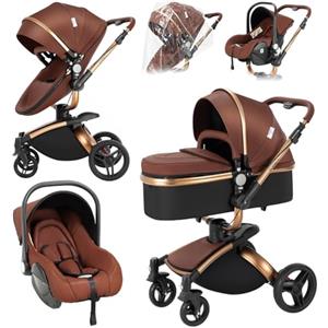 Magic ZC 360° Girevole Pelle PU Passeggino Trio, Passeggino 3 in 1 con Reversibile a Due Vie, Trio Passeggini Neonati con Accessori, Carrozzina per Neonati con Portatile Pieghevole Un Clic (906 Brown)