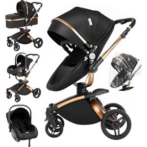 Magic ZC 360° Girevole Pelle PU Passeggino Trio, Passeggino 3 in 1 con Doppia Modalità Push Reversibile, Trio Passeggini Neonati in Alluminio, Carrozzina Neonati Grande Navicella (906 Black)