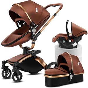 MoLi Pelle PU Passeggino Trio, Passeggino 3 in 1 con Sedile Convertibile 360°, Trio Passeggino Neonati con Grande Navicella, Carrozzina per Neonati in Alluminio Pieghevole Alta Paesaggio (906 Brown)
