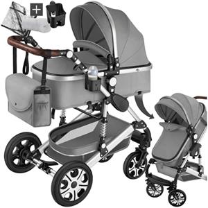 tectake® Passeggino Combinato Pieghevole, 2 in 1, Passeggino Leggero con Cintura a 5 Punti Regolabile, Freno a Pedale, Tettuccio Parasole, Passeggino per Bambini da 0 a 3 Anni - Grigio