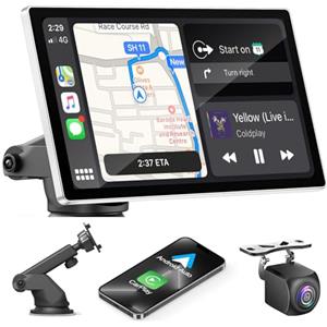 KMUTZY Wireless Carplay Display für A-pple Carplay & Android Auto,Tragbarer CarPlay-Bildschirm, Mit Rückfahrkamera, Mirror Link, Bluetooth, Sprachsteuerung, GPS-Navigation, FM/AUX (9'')