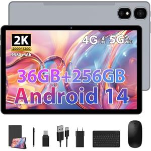 TIGERFU Tablet 11 Pollici, 2K Tablet con Tastiera e Mouse, 36GB RAM + 256GB ROM + TF 2TB, Doppia SIM + 5G/2.4G WiFi, Octa-Core 2.0 GHz, 8MP+13MP, 9580mAh, BT5.0, 2000 x 1200 Pixel (Grigio)