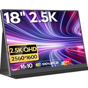 HONGO Monitor Portatile, 18" 2.5K 2560x1600 Esterno Schermo Portatile QHD 100% sRGB, HDR Display IPS con USB C Typ C, Doppi Altoparlanti Integrati Portable Monitor per Laptop PC Mac PS3/4/5/X-bo