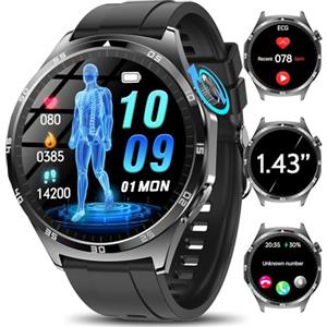 Marsyu Smartwatch Uomo ECG/HRV/????li????????????????????/lipidi/Pressione Sanguigna/BMI/Acido Urico, 24/7 Cardiofrequenzimetro/Sonno/SpO2 Corporea, 1,43" AMOLED Orologio Salute Bluetooth Chiamate, Pulsante SOS