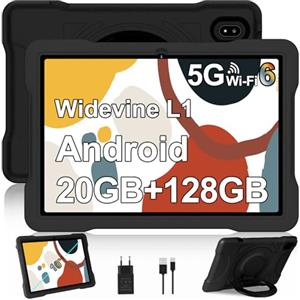 UJJ Tablet 10 Pollici Android con 5G + 2.4G WiFi 6, 20GB RAM + 128GB ROM(TF/2TB), Giochi Educativi Software (iWAWA), Octa-Core, 1080 * 800 FHD IPS, 5MP+5MP, Bluetooth 5, 2025 Newest Tablet con EVA, Black