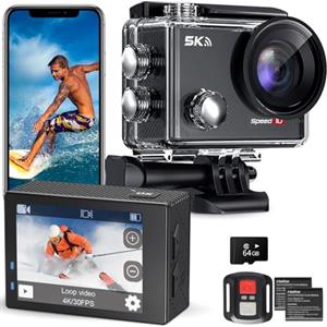 Hiicam Speed 10 Action Cam 5K 30FPS 30MP Fotocamera Impermeabile Subacquea 40M con EIS, Telecamera Sportiva con Telecomando Zoom 5X, 170° Grandangolare, Batteria 2x1350mAh/Accessor (BLACK-1)