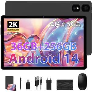 TIGERFU Tablet 11 Pollici, 2K Tablet con Tastiera e Mouse, 36GB RAM + 256GB ROM + TF 2TB, Doppia SIM + 5G/2.4G WiFi, Octa-Core 2.0 GHz, 8MP+13MP, 9580mAh, BT5.0, 2000 x 1200 Pixel (Nero)