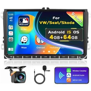 Inefala 4G+64G Android 15 Autoradio per VW Polo Golf Caddy Tiguan Touran Passat Seat, 9 Pollici Schermo Stereo Auto Bluetooth con Wireless CarPlay e Android Auto GPS WiFi RDS/FM SWC MIC Retrocamera