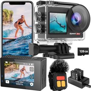 Hiicam WiFi 128G Action Cam 5K 60FPS 40MP Fotocamera Impermeabile Subacquea 40M con EIS, Touch Screen Actioncam Telecamera Sportiva con Telecomando Zoom 5X, 170°, Batteria 2x1350mAh/Accessor（BLACK-7）