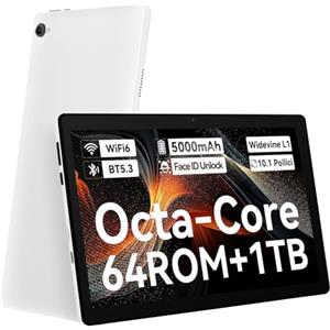 Laptok Tablet 10 pollici Android 14 Tablet con Octa-Core, Face ID, 8GB+64GB+1TB Espansione, 1280*800 HD IPS Touchscreen, tablet Android con WiFi 6 BT5.3, Doppia Fotocamera 5MP+8MP, Widevine L1(Bianco)