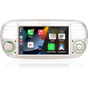YZGWWIU Autoradio per Fiat 500 2007-2015 Radio con Wireless CarPlay e Android Auto 7 Pollici Schermo Stereo(Bianco)