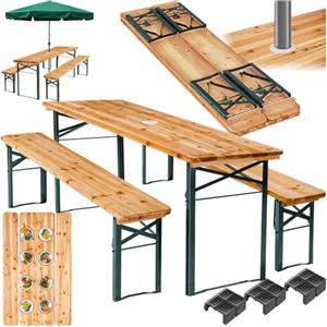 Tectake Set giardino esterno: 1 tavolo e 2 panche pieghevoli, supporto ombrellone, struttura in acciaio stabile e resistente, facile da riporre e trasportare, ideale per campeggio e terrazza