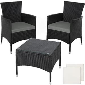 tectake® Set da Giardino in Rattan Lucerna, Robusto Telaio in Acciaio, Set Sedie da Esterno, Tavolino Salotto con Piano in Vetro, Comodi Cuscini, Design Moderno - Nero