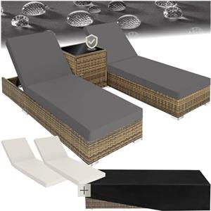 TecTake® Set 2 x Lettino Alluminio, Poly Rattan, Lettini Prendisole, Lettini da Giardino, Tavolo Giardino, Sdraio Prendisole, Sedia, Involucro Protettivo, 2 Federe - Naturale
