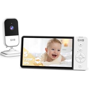 GHB Baby Monitor Video e Audio 5" 720P HD 5000mAh IPS Schermo, Telecamera Bambini con Monitor VOX Visione Notturna Rilevamento della Temperatura