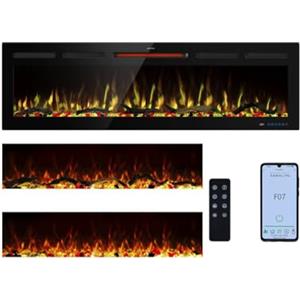 Mystflame Galaxy 60 Pro Wi-Fi, Camino Elettrico da Parete con 13 Colori di Fiamma e Luce Inferiore, Letto di Combustibile in Legno e Cristallo, Termostato da 750/1500 W, Telecomando e Touchscreen