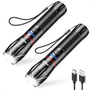 Blukar Torcia LED Ricaricabile, 2 Pezzi Super Luminoso Zoomabile Torcia Potente, 5 Modalità di Illuminazione, IPX6 Impermeabile per Campeggio/Escursionismo/Emergenza/Interruzione di Corrente