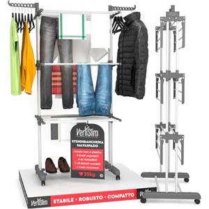VertiSlim Dry Stendibiancheria Verticale 4 Livelli Stendino Salvaspazio - Stendipanni a Torre in Acciaio Inossidabile - Richiudibile con Ruote e Ali Laterali - Colore Grigio per Interno Esterno