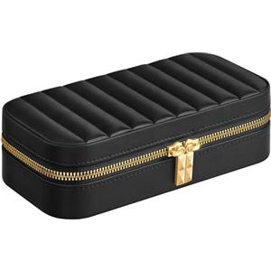 SONGMICS HOME ANAH Collezione - Portagioie da Viaggio, per Natale, Piccola Scatola Porta Gioielli con Specchio, 10,5 x 20,5 x 6 cm, PU con Cucitura, Portatile, Idea Regalo, Nero Inchiostro JBC180B01