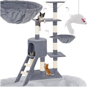 tectake® Albero Tiragraffi per Gatti, Comoda Casetta Gatto, 3 Topolini Giochi Gattino, Vari Piani, Struttura Resistente, Tiragraffi per felini Adulti e Cuccioli, Altezza 144 cm - Grigio