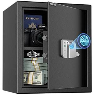 WASJOYE Cassaforte Biometrica per Impronte Digitali Con Chiave, Elettronica Automatica Con Identificazione Delle Dita, Cassetta di Sicurezza per Casa Hotel Ufficio, 43L