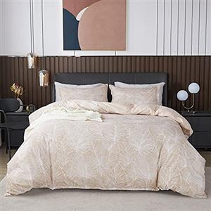 Jemiipee Set Copripiumino Matrimoniale con Motivo di Foglie Tropicali, 1 x Copripiumino 260x240 cm e 2 x Federe 50x80 cm Parure Sacco Copri Piumone Microfibra Biancheria da Letto Beige