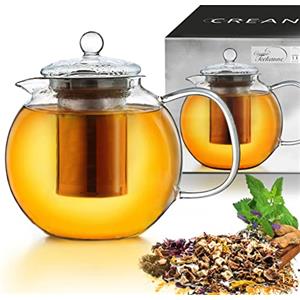 Creano Teiera in Vetro 0,85 Litro con Filtro Acciaio Inossidabile Integrato e Copercio Vetro - Antigoccia Elegante Teiera Trasparente per Tè Infusi Regalo Perfetto - 3 pezzi - 850ml