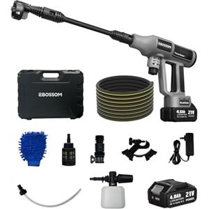 EBOSSOM Idropulitrice a Batteria 65Bar, Pistola Pulitore ad Alta Pressione Portatile Jet Mobile Nozzle Regolabile 6-in-1 per Lavaggio Auto Giardino Prato e Irrigazione Piante Pressure Washer(2X 4Ah Batteria)