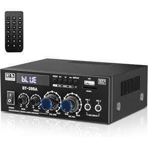 ACMOMO Amplificatore Audio Stereo, 600W 2 Channel Bluetooth 5.3,RMS 60W X 2，Radio Portatile per Auto o Casa,Home Theater,Altoparlante Auto W/Mic USB FM Radio (398A)