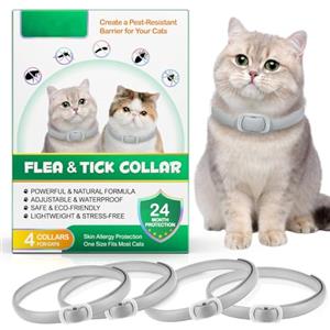 AIKUWWOIRQIA Collare Antiparassitario per Gatti, 4 Pacchetti Collare Antipulci Gatto con 24 Mesi di Protezione Efficace, Trattamento Delle Pulci, Impermeabile, Regolabile, Per Gattini, Gatti Grandi