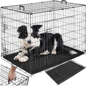 tectake Gabbia per cani pieghevole con griglia in acciaio, vassoio di base rimovibile per la pulizia e 2 porte con doppia chiusura, gabbia portatile per gatti, conigli e cani con 2 maniglie per il