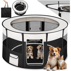 tectake® Box Cani, Recinto Pieghevole, Cuccia Portatile, Cuccioli, Gabbia Cane, Animali Domestici, Ø 114 cm, H 60,5 cm, Tasche, Rete Traspirante - Nero