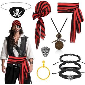 Beipegin 10 Pezzi Costume Pirata Uomo Donna,Bandana Pirata Cintura Pirata Benda Pirata Capitano Anello Collana Accessori Pirata Adulti per Halloween Carnevale Feste Pirata Cosplay