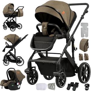 MoLi Passeggino 4 in 1, Passeggino Trio con Doppia Modalità Push Reversibile, Trio Passeggini Neonati con Grande Navicella, Carrozzina per Neonati in Alluminio Pieghevole (688 Khaki)