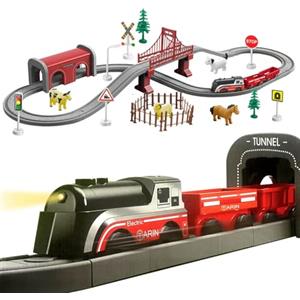 BASAMOU Trenino Elettrico Bambini 3 4 5 6 7 8 Anni con Luci e Animali, Treno Giocattolo Pista Macchinine, Giochi Bambini Pista da Corsa, Giocattolo Educativo Bambino Regalo Compleanno, Natale (70PCS)