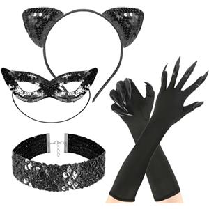 Hifot Costume Gatto Donna Orecchie da Gatto Maschera Guanti Girocollo Cat Accessori per Travestimento Costume Carnevale Halloween Festa