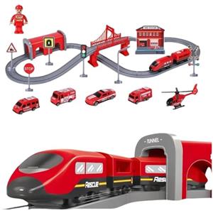 BASAMOU Trenino Elettrico per Bambini 3 4 5 6 7 8 Anni, Rosso Treno Giocattolo Pista Macchinine, Bambini Giochi Pista da Corsa, Giocattolo educativo Bambino Regalo Compleanno, Natale (66PCS)