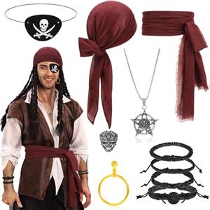 Beipegin 10 Pezzi Costume Pirata Uomo Donna,Bandana Pirata Cintura Pirata Benda Pirata Capitano Anello Collana Accessori Pirata Adulti per Halloween Carnevale Feste Pirata Cosplay