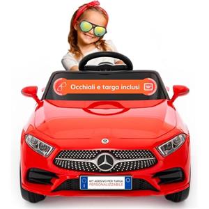 BabyCar Mercedes CLS 350 AMG | Macchina elettrica per bambini 12V 2x25W | Auto elettrica per bambini telecomandata, sedile pelle, porte apribili, MP3/USB | Licenza ufficiale | Rossa | Occhiali-Targa