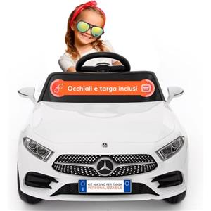 BabyCar Mercedes CLS 350 AMG | Macchina elettrica per bambini 12V 2x25W | Auto elettrica per bambini telecomandata, sedile pelle, porte apribili, MP3/USB | Licenza ufficiale | Bianca | Occhiali-Targa