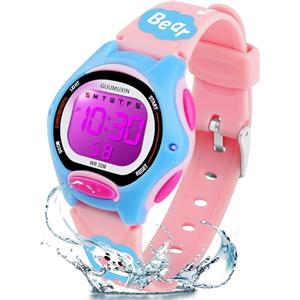 GUUMUXIN Orologio da polso per bambini, con cinturino stampato e 7 luci LED colorate, impermeabile, 30 m, per ragazzi e ragazze, 4-12, Colore: rosa., Glam