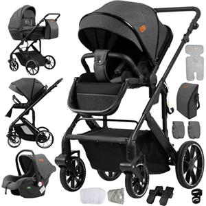MoLi Passeggino 4 in 1, Passeggino Trio con Doppia Modalità Push Reversibile, Trio Passeggini Neonati con Grande Navicella, Carrozzina per Neonati in Alluminio Pieghevole (688 Deep Grey)