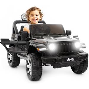BabyCar Jeep Elettrica Per Bambini | Auto con Sedili in Pelle, Porte Apribili, MP3/USB/Micro SD | Macchina Elettrica per Bambini 12V con 2 Motori 35W | Licenza Ufficiale Jeep | Nero