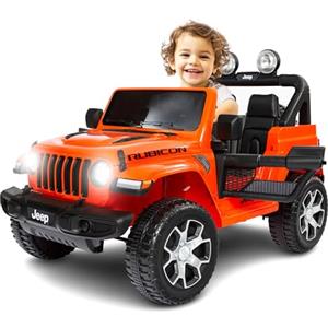 BabyCar Jeep Elettrica Per Bambini | Auto con Sedili in Pelle, Porte Apribili, MP3/USB/Micro SD | Macchina Elettrica per Bambini 12V con 2 Motori 35W | Licenza Ufficiale Jeep | Arancio
