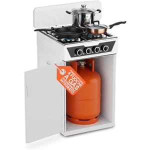Avilia - Piano Cottura 4 Fuochi Gas da Appoggio con Vano Portabombola Integrato, Cucina a Libera Installazione per Interni ed Esterni, Struttura Robusta Compatta e Facile da Usare Bianco (Bianco)