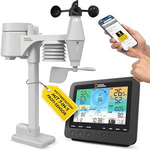 National Geographic Stazione meteo wireless con sensore da esterno WLAN, centralina meteo a colori con sensore 7 in 1 per vento, umidità, temperatura, precipitazioni, livello UV e intensità della luce