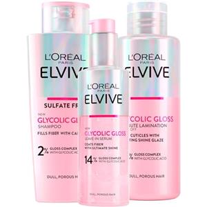 L'Oreal Paris L'Oréal Paris Elvive Glycolic Gloss Siero Senza Risciacquo da 150ml + Shampoo da 200ml + Trattamento Laminazione 5 minuti da 200ml Set Capelli Spenti Porosi Lucentezza Intensa e Duratura - 3 Flaconi