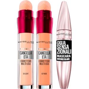 Maybelline 2x Maybelline New York Correttore Liquido Il Cancella Età con Bacche di Goji Colori 02 Nude e 01 Light + 1x Mascara Volumizzante Ciglia Senzazionali Intense Black